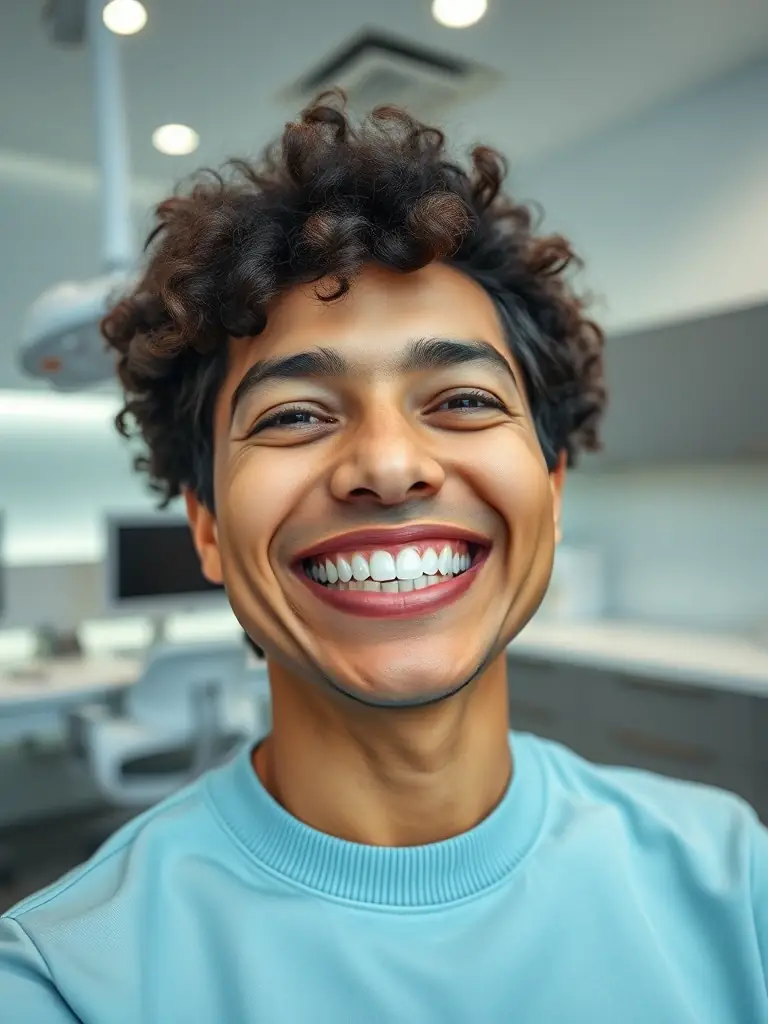 A close-up shot of a patient smiling confidently after receiving Invisalign treatment at Dentissimi, showcasing perfectly aligned teeth. The background is a modern dental clinic setting.