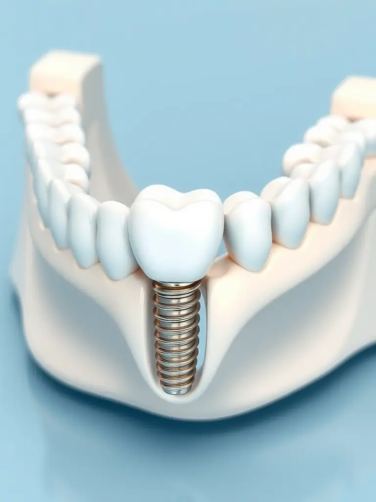 Imagen detallada de un implante dental de alta calidad integrado en un modelo de mandíbula, mostrando la estabilidad y naturalidad de la solución.