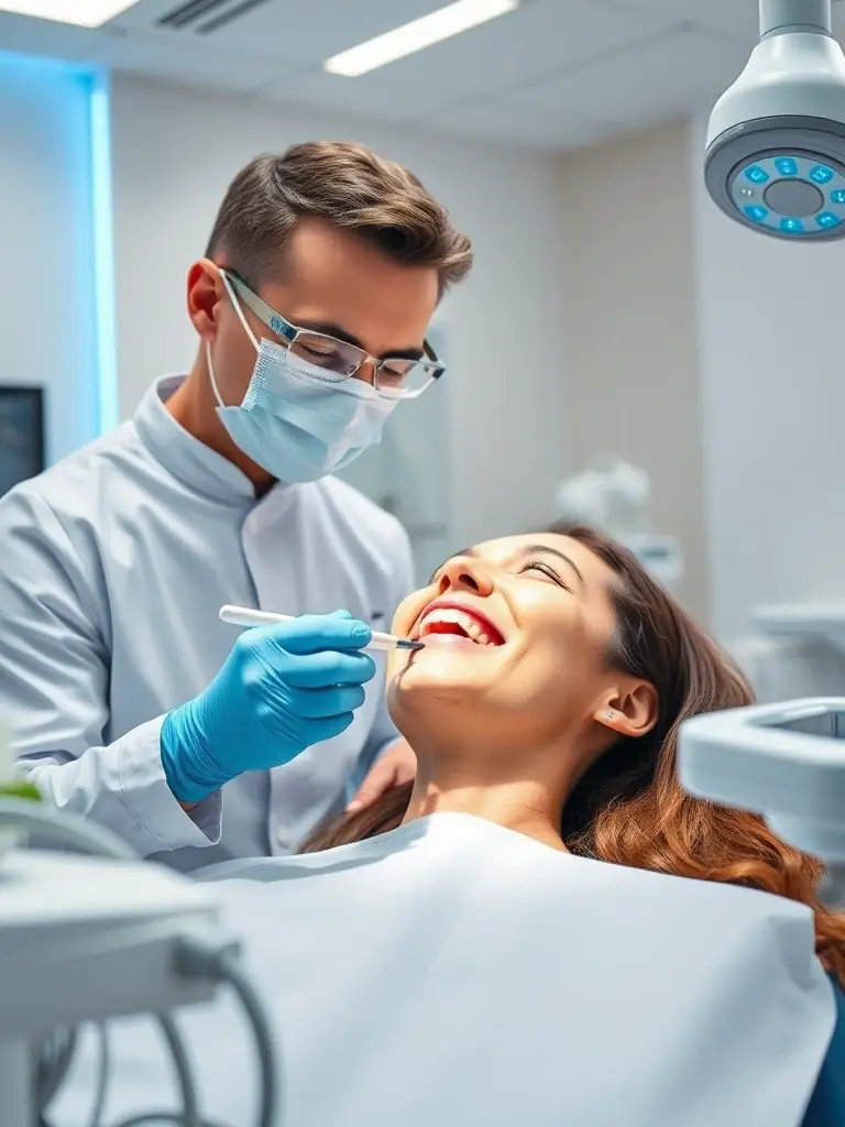 A dentist performing a professional teeth whitening procedure on a patient at Dentissimi, using advanced dental equipment. The patient is relaxed and comfortable.